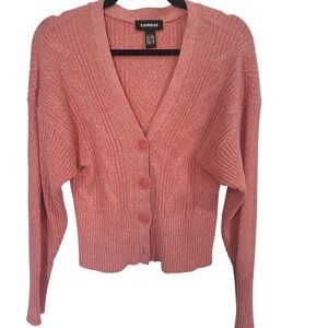 Express Conscious Edit Pink Marled Chevron Ribbed Knit Button Cardigan Sweater M